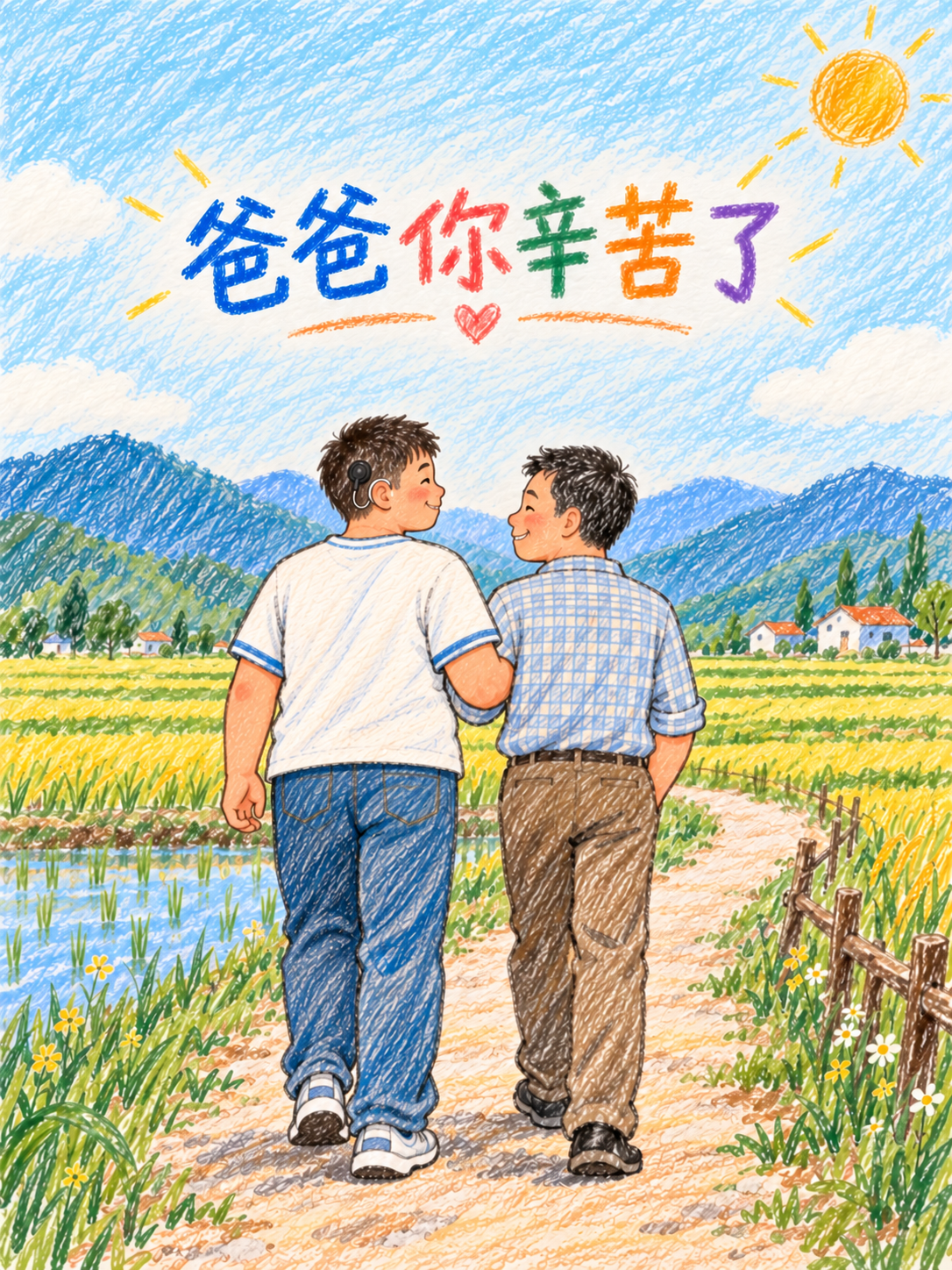 儿童蜡笔涂鸦：一位高大胖胖、左耳佩戴黑色人工耳蜗的男孩和爸爸走在田埂上，上方写着爸爸你辛苦了